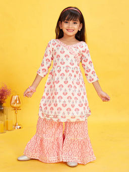 Maaikid - Pink and White Floral Printed Kurta and Sharara (Set of 2)