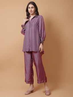 GAGAN VOHRA - Mauve Collar Neck Embroidered Thread Work Shirt with Pant Co-Ord's