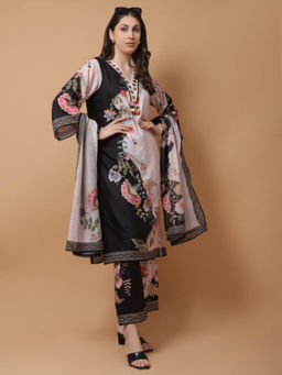 GAGAN VOHRA - Black V-Neck Floral Printed Kurta with Pant and Dupatta