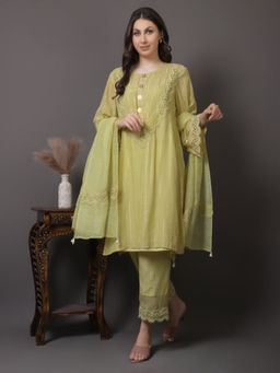 GAGAN VOHRA - Green Round Neck Floral Printed Kurta with Pant and Dupatta