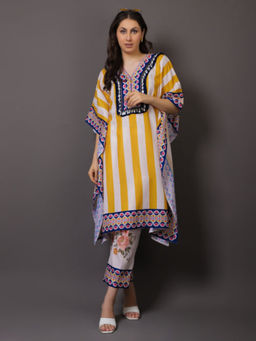 GAGAN VOHRA - Mustard V-Neck Floral Printed Kaftan with Pant
