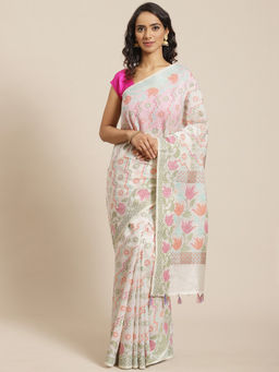 Indethnic - Banarasi White Woven Design Work Wear Saree With Unstitched Blouse