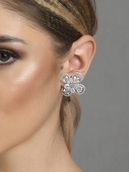 Fida - Wedding Handmade Luxurious Rhodium-Plated Floral White American Diamond Stud Earring