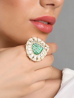 Fida - Handmade Bridal Gold -Plated Teardrop Green Meenakari Pearl Kundan Ring for Women