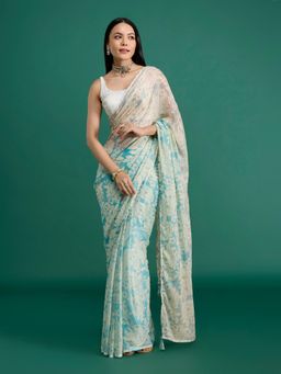 Gajra Gang - Global Gypsy Floral Printed Blue Chinon Saree with Unstitched Blouse