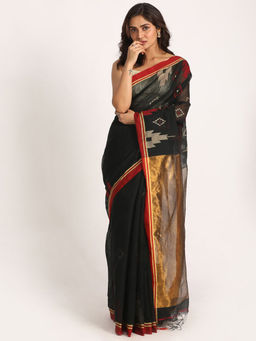 Angoshobha - Black Cotton Blended Handloom Jamdani Saree with Unstitched Blouse