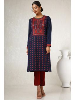 Soch - Womens Navy Blue Acrylic Woven Design Kurta