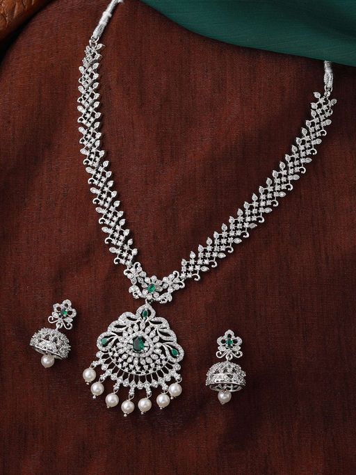Estele Rhodium Plated CZ Sparkling Necklace Set with Pearls for Women