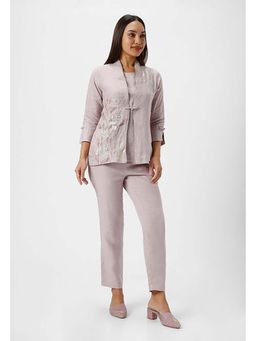 Kaveri - Purple Linen Embroidered Full Sleeves Jacket With Top And Pant