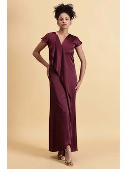Fawn 24 - Wine Satin V-Neck Solid/Plain Cap Maxi Dress