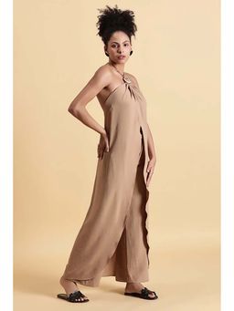 Fawn 24 - Beige Crepe Halter Neck Solid/Plain Sleeveless Maxi Dress