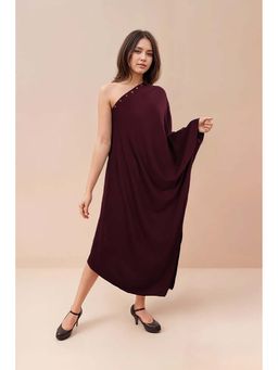 Fawn 24 - Burgundy Crepe One Shoulder Solid/Plain Sleeveless Dress