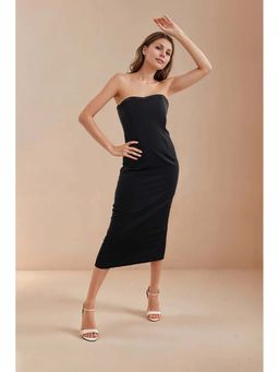 Fawn 24 - Black Crepe Strapless/Tube Solid/Plain Sleeveless Midi Dress