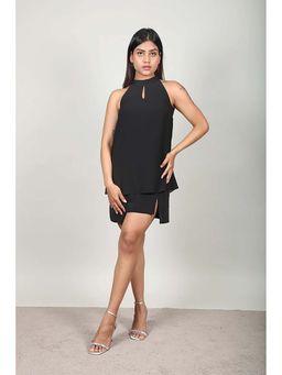 Fawn 24 - Black Silk Halter Neck Solid/Plain Sleeveless Mini Dress