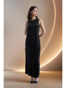 Fawn 24 - Black Polyester Round Neck Solid/Plain Sleeveless Maxi Dress