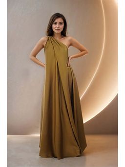 Fawn 24 - Gold Satin One Shoulder Solid/Plain Sleeveless Gown Dress