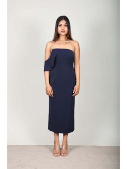 Fawn 24 - Navy Blue Polyester Strapless/Tube Solid/Plain Sleeveless Midi Dress