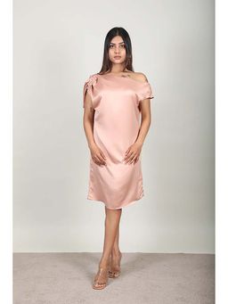 Fawn 24 - Pink Aluminium Off Shoulder Solid/Plain Half Sleeves Midi Dress