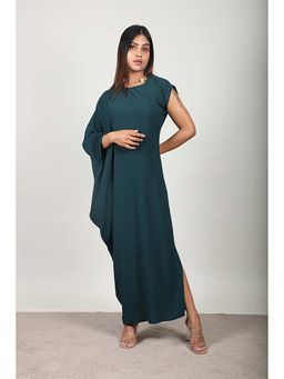 Fawn 24 - Teal Crepe Round Neck Solid/Plain Sleeveless Maxi Dress