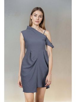 Fawn 24 - Grey Crepe Asymmetrical Solid/Plain Sleeveless Mini Dress