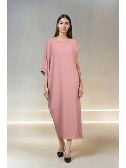 Fawn 24 - Pink Crepe Round Neck Solid/Plain Three Fourth Sleeves Midi Dress