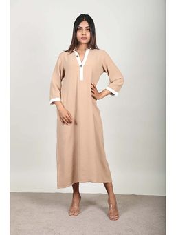 Fawn 24 - Beige Crepe Collar Neck Solid/Plain Three Fourth Sleeves Midi Dress