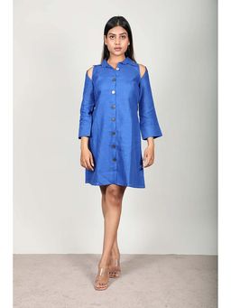 Fawn 24 - Blue Linen Collar Neck Solid/Plain Three Fourth Sleeves Mini Dress