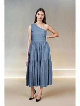 Fawn 24 - Blue Denim Asymmetrical Solid/Plain Sleeveless Midi Dress