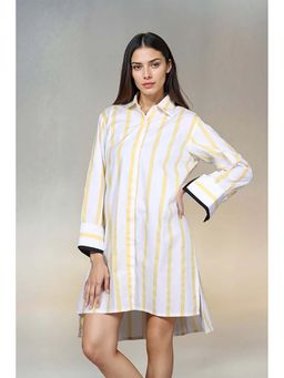 Fawn 24 - White Cotton Collar Neck Stripes Full Sleeves Mini Dress