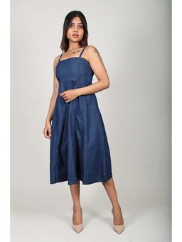 Fawn 24 - Navy Blue Cotton Square Neck Solid/Plain Sleeveless Midi Dress