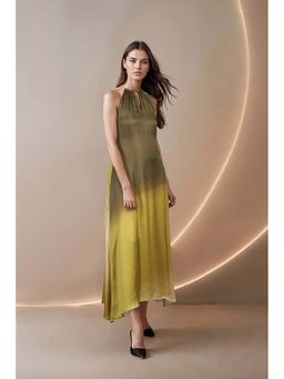 Fawn 24 - Olive Satin High Neck Ombre Sleeveless Maxi Dress