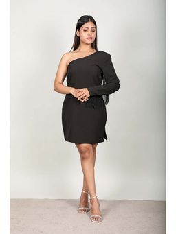 Fawn 24 - Black Crepe Asymmetrical Solid/Plain Sleeveless Mini Dress