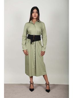 Fawn 24 - Olive Poplin Collar Neck Solid/Plain Full Sleeves Midi Dress