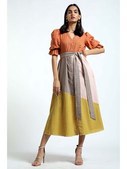 MADDER MUCH - Multi-Color Cotton V-Neck Colorblock Midi Dress