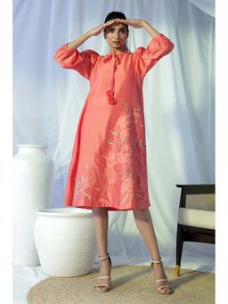 MADDER MUCH - Peach Chanderi Tie Up Neck Embroidered A-Line Midi Dress