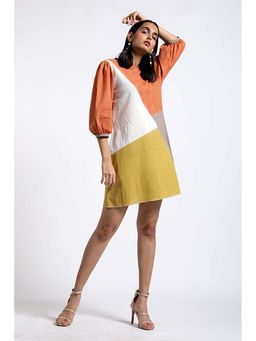 MADDER MUCH - Multi-Color Cotton Crew Neck Colorblock A-Line Mini Dress