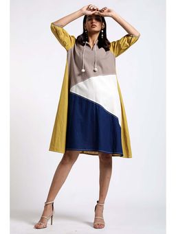 MADDER MUCH - Multi-Color Cotton Round Neck Colorblock Midi Dress