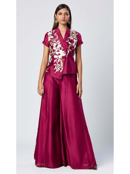 MADDER MUCH - Chanderi Silk Magenta V-Neck Embroidered Top With Palazzo Co-Ord's
