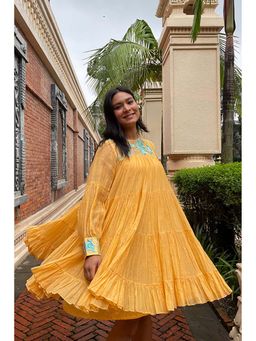 MADDER MUCH - Yellow Chanderi Silk Crew Neck Solid Flared Mini Dress