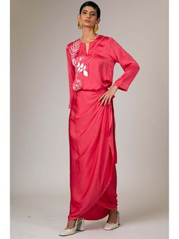 MADDER MUCH - Pink Satin V-Neck Embroidered Maxi Dress