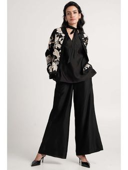 MADDER MUCH - Black Cotton V-Neck Embroidered Top With Pant And Shrug