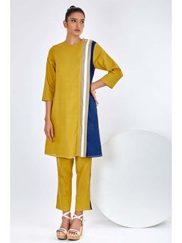 MADDER MUCH - Mustard Cotton Round Neck Stripes Top With Pant