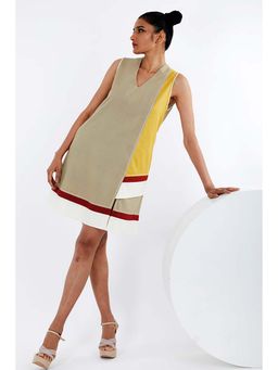 MADDER MUCH - Beige Cotton V-Neck Colorblock A-Line Mini Dress