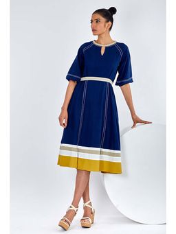 MADDER MUCH - Navy Blue Cotton Keyhole Neck Solid A-Line Midi Dress