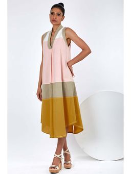 MADDER MUCH - Multi-Color Cotton V-Neck Colorblock Midi Dress