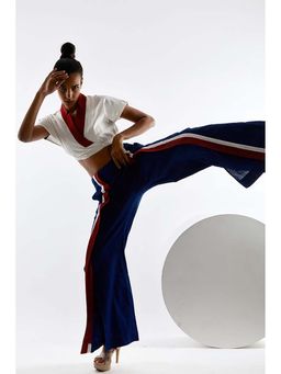 MADDER MUCH - Cotton White V-Neck Stripes Top With Pant Co-Ord's