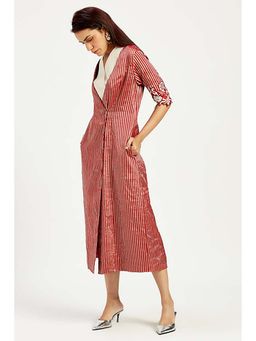 MADDER MUCH - Red Cotton V-Neck Stripes Midi Dress