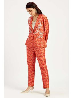 MADDER MUCH - Raw Silk Red V-Neck Printed Top With Pant And Blazer Co-Ord's
