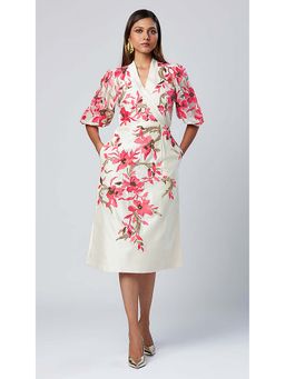 MADDER MUCH - Off White Cotton V-Neck Embroidered Midi Dress