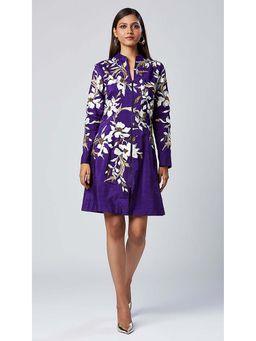 MADDER MUCH - Purple Cotton Mandarin Neck Embroidered Knee Length Dress